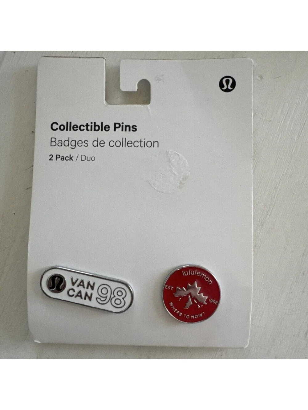 LULULEMON COLLECTIBLE PINS PACK OF TWO PINS WHITE AND RED COLOR ONE SIZE NWT